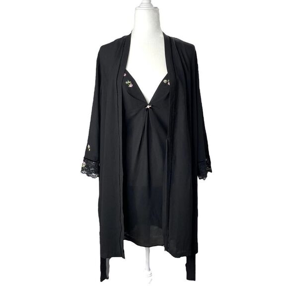 Oscar de‎ La Renta Pink Label Lace Embroidered Robe Chemise Set Sz S/M black - Picture 1 of 12